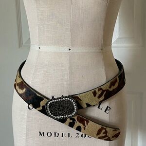 Gianni Pizzini genuine leather belt, calf hair, rhinestone buckle, animal print